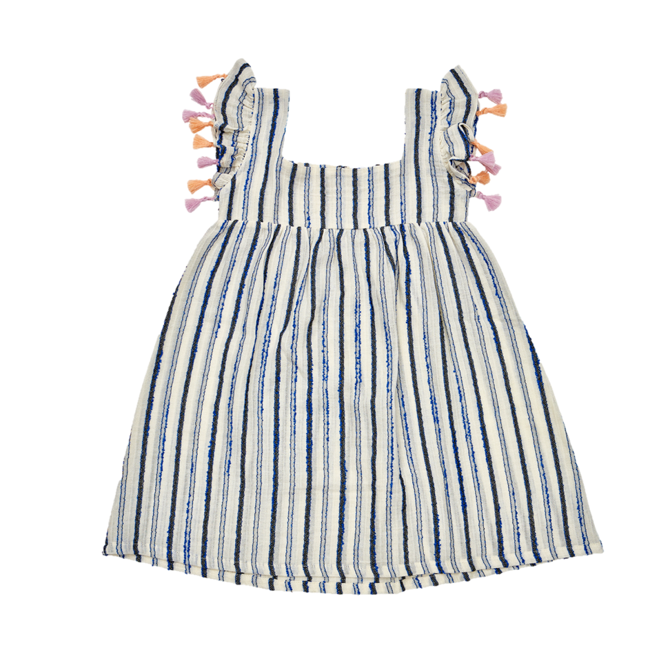 Optional title display NAVY STRIPE dress with POM POM